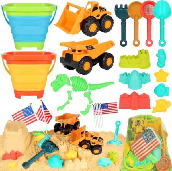 Toddler sand toys set with buckets and shovels, perfect for beach and sandbox play.