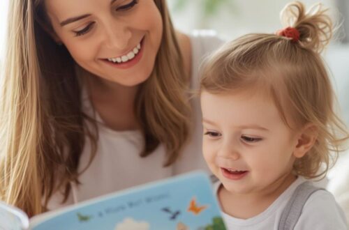 Mom playing with her 3-year-old toddler at home, reading a book and enjoying a calm, cheerful moment together.