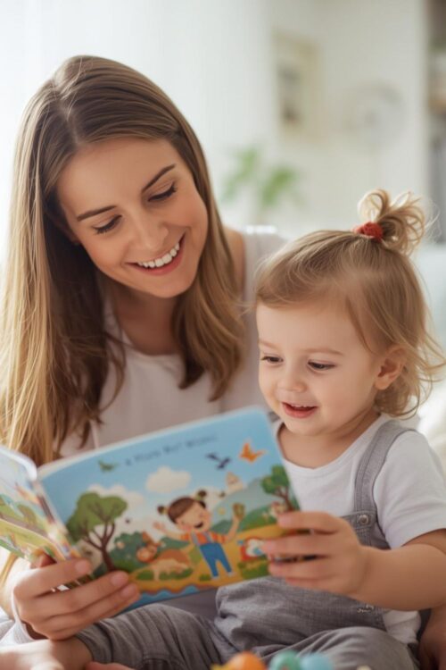 Mom playing with her 3-year-old toddler at home, reading a book and enjoying a calm, cheerful moment together.