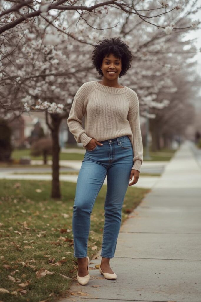 Woman in her 30s wearing cropped jeans, a lightweight knit sweater, and ballet flats standing near blooming trees on a suburban sidewalk.