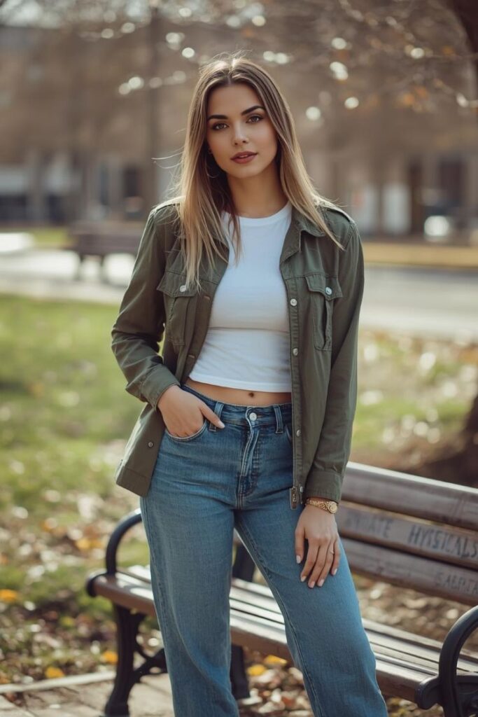 Woman in her 30s wearing a utility jacket, basic white tee, and straight-leg jeans standing near a park bench in spring sunlight.