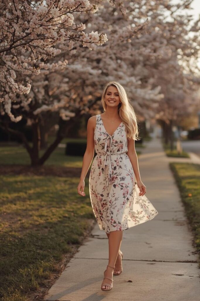 Woman in her 30s wearing a floral midi dress with neutral flat sandals walking through a neighborhood with blooming trees in golden hour light.