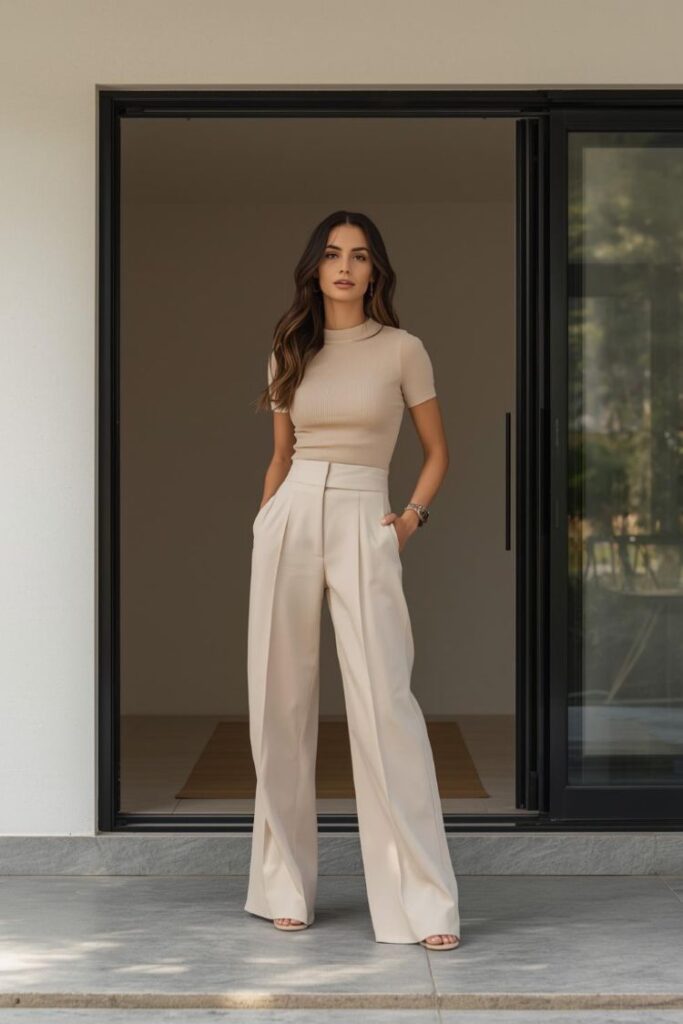 Woman in her 30s wearing a monochrome neutral outfit with fitted top and wide-leg pants standing outside a modern home entryway.