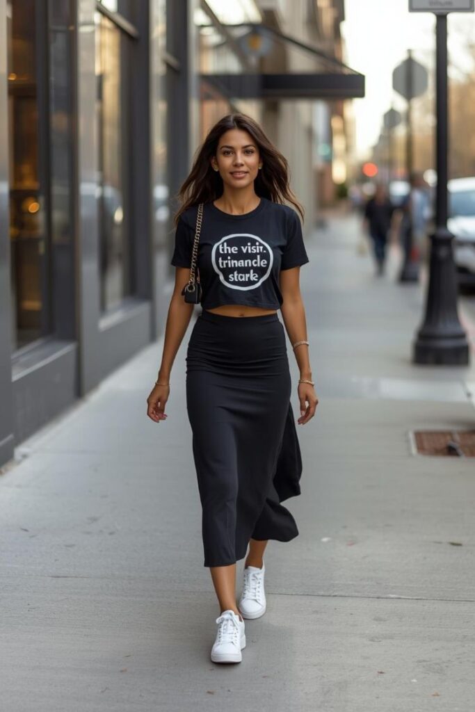 Woman in her 30s wearing a black midi skirt, a tucked graphic tee, and white sneakers walking on a city sidewalk in soft spring light.