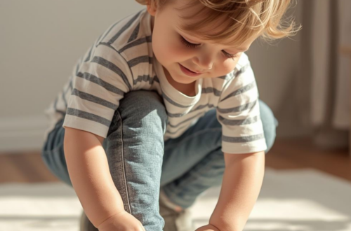 3-year-old toddler putting on shoes during morning routine at home