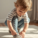 3-year-old toddler putting on shoes during morning routine at home