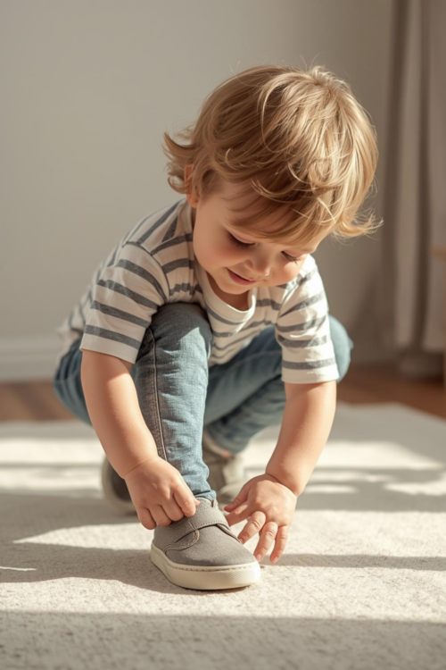3-year-old toddler putting on shoes during morning routine at home
