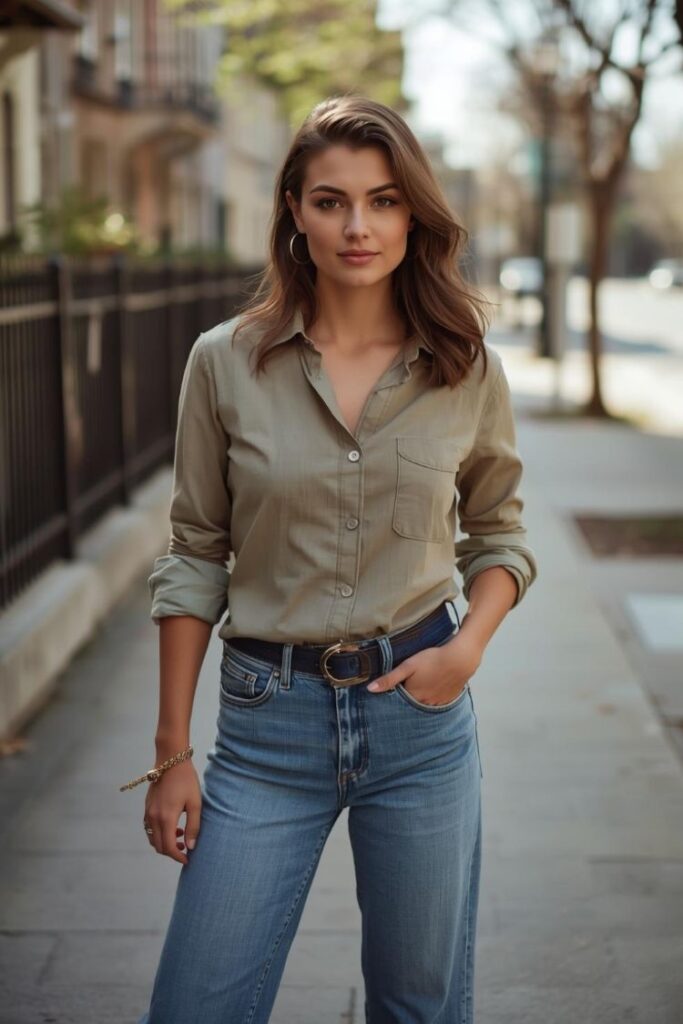Woman in her 30s wearing a classic button-down shirt with rolled sleeves and straight-leg jeans standing on a quiet sidewalk in spring.