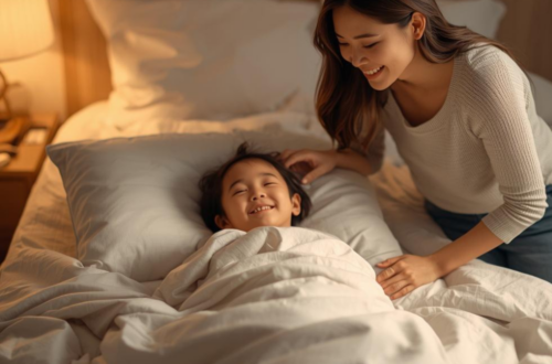 A young child lying in bed with covers pulled up under their chin, smiling at their mom in a cozy bedroom with warm lamp lighting