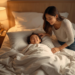 A young child lying in bed with covers pulled up under their chin, smiling at their mom in a cozy bedroom with warm lamp lighting