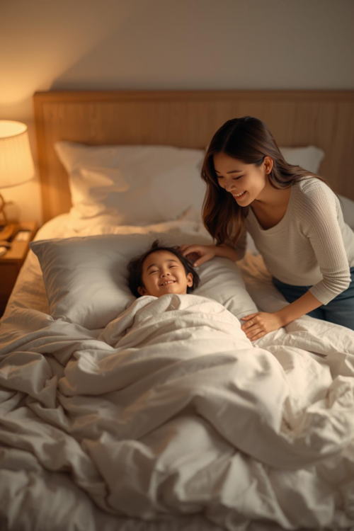 A young child lying in bed with covers pulled up under their chin, smiling at their mom in a cozy bedroom with warm lamp lighting