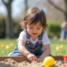 Toddler 2 years old playing outdoors in a sandbox for sensory fun