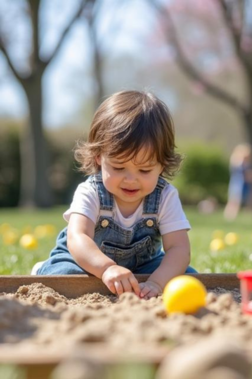 Toddler 2 years old playing outdoors in a sandbox for sensory fun