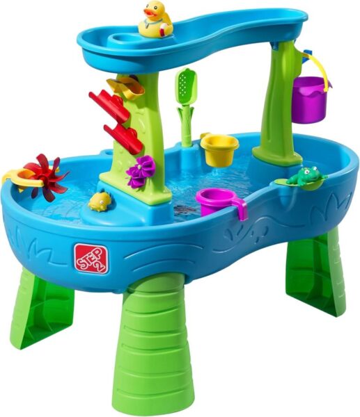 Kids outdoor water table activity for toddlers with pouring and scooping