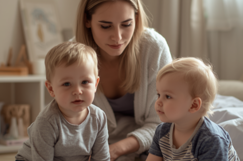 Mom with two toddlers following a simple daily routine at home, creating a calm and structured environment that helps reduce tantrums