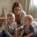 Mom with two toddlers following a simple daily routine at home, creating a calm and structured environment that helps reduce tantrums