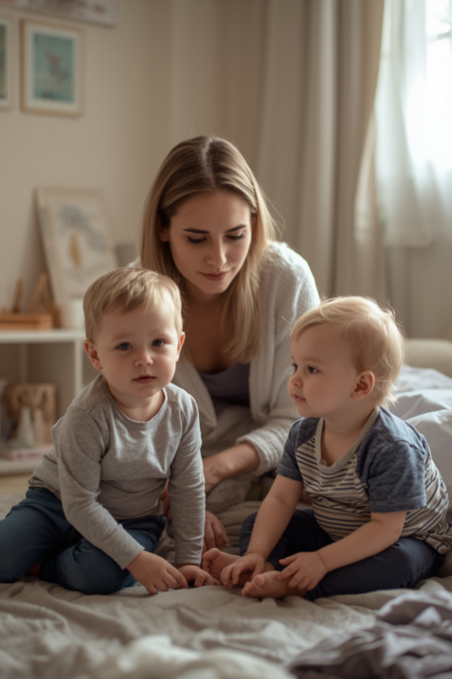 Mom with two toddlers following a simple daily routine at home, creating a calm and structured environment that helps reduce tantrums