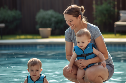 Mom supervising two toddlers in a backyard swimming pool, both wearing swim vests during safe summer water play