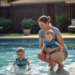 Mom supervising two toddlers in a backyard swimming pool, both wearing swim vests during safe summer water play