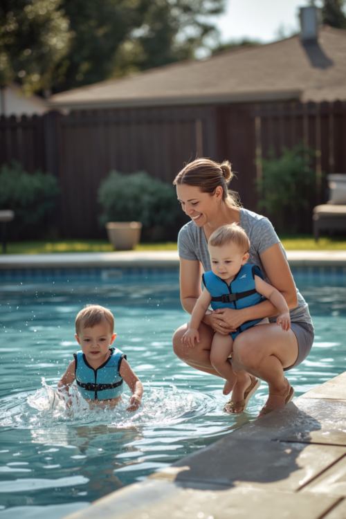 Mom supervising two toddlers in a backyard swimming pool, both wearing swim vests during safe summer water play