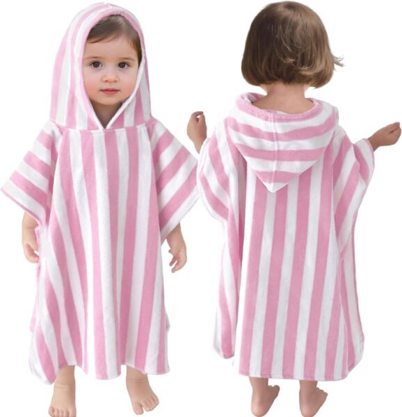 Pink and white striped, hooded swim towel for toddlers.