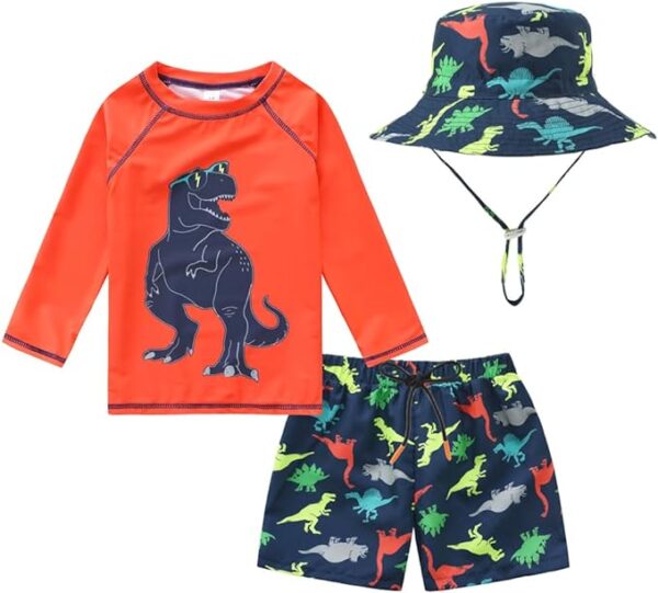 Orange toddler boy swimsuit with long sleeves for sun protection.