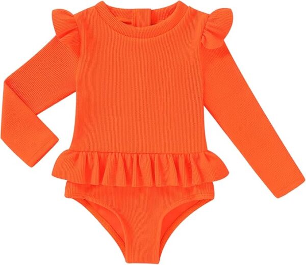 Orange toddler girl swimsuit with long sleeves for sun protection.