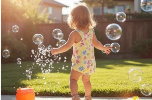 Toddler playing outside in a sunny backyard with water toys, bubbles, and sidewalk chalk on a warm summer day