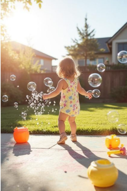 Toddler playing outside in a sunny backyard with water toys, bubbles, and sidewalk chalk on a warm summer day